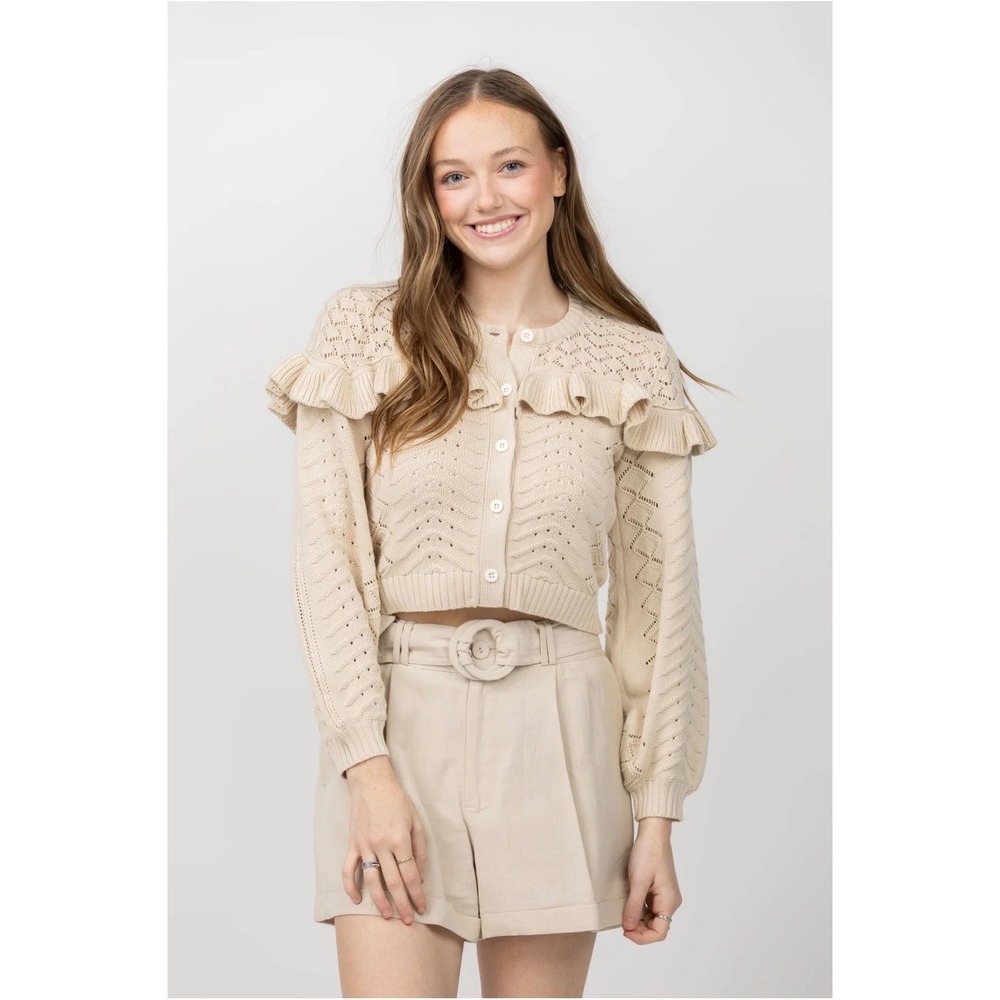 Cleobella Organic Cotton Pointelle Ruffle Cardigan Sweater Beige b6 XS